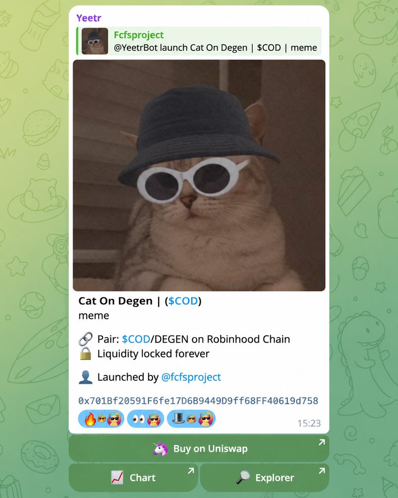 Yeetr's reply in Telegram: the token card for $COD with Buy, Chart and Explorer buttons